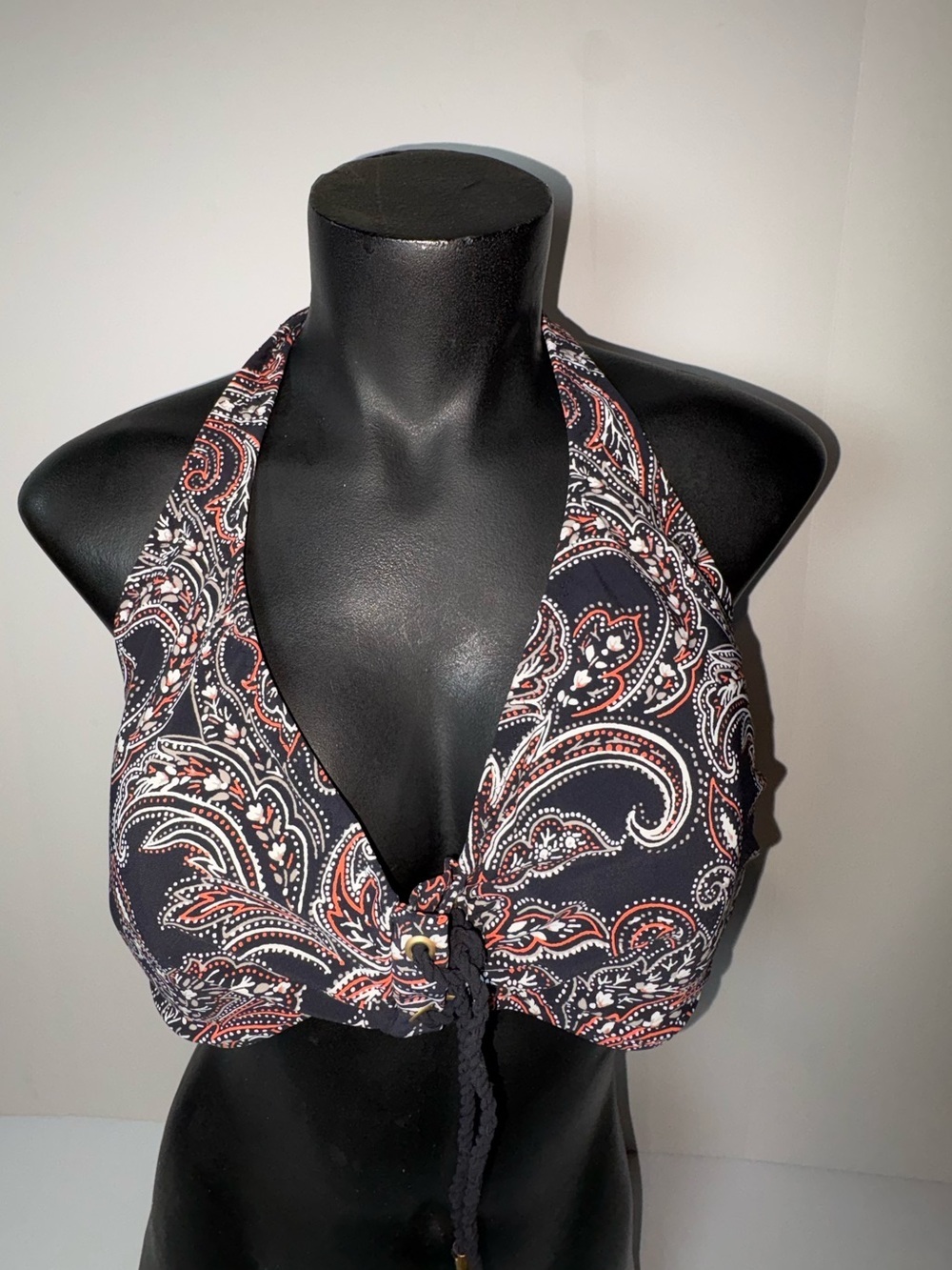 Lands' End Navy Paisley Halter Swim Top with Rust & White Accents